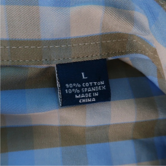 Fish Hippie Solace Collection Tan Blue Plaid Stretch Button Down Shirt Size L - Picture 5 of 5